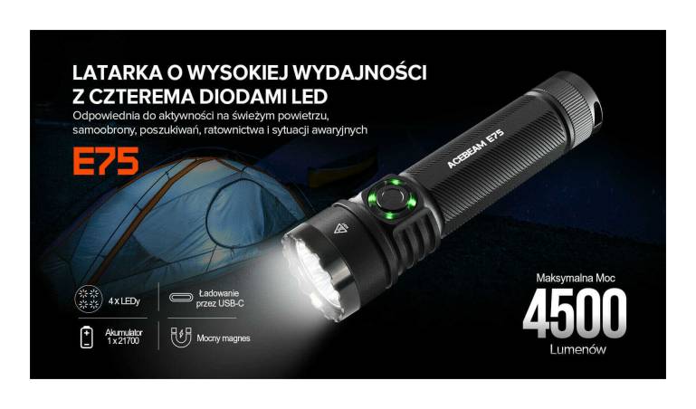 Latarka diodowa ACEBEAM E75 HI CRI Światło Białe 5000K Czarno-niebieska - 3000lm 210m