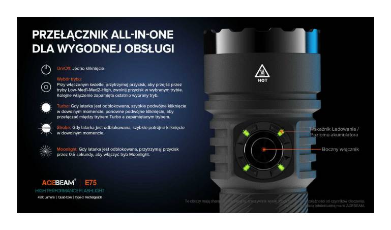 Latarka diodowa ACEBEAM E75 HI CRI Światło Białe 5000K Czarno-niebieska - 3000lm 210m