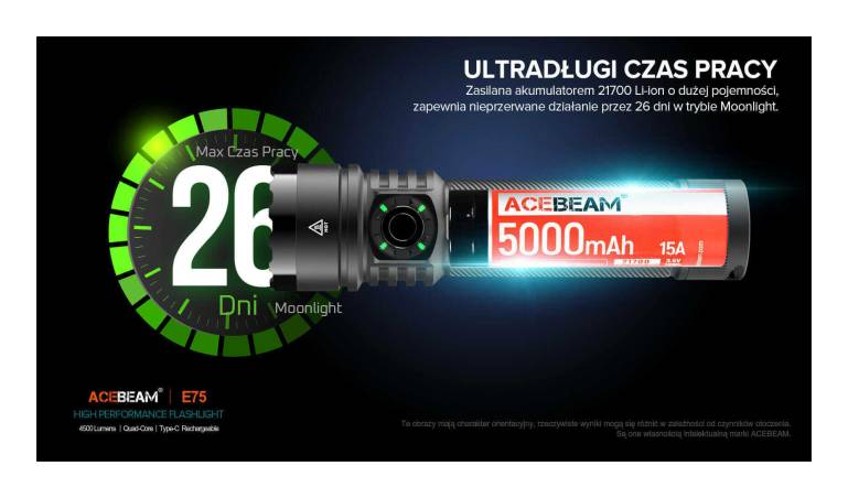 Latarka diodowa ACEBEAM E75 HI CRI Światło Białe 5000K Czarno-niebieska - 3000lm 210m