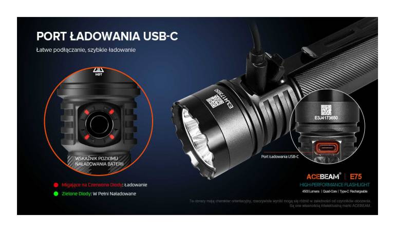 Latarka diodowa ACEBEAM E75 HI CRI Światło Białe 5000K Czarno-niebieska - 3000lm 210m