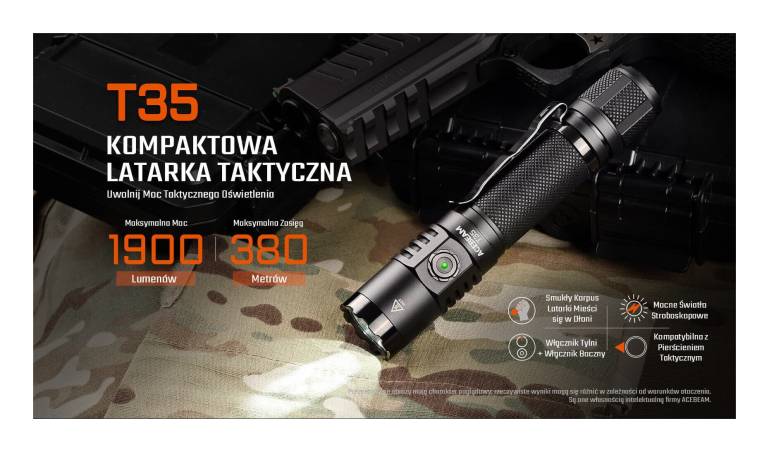 Latarka taktyczna diodowa ACEBEAM T35 Światło Białe 5000K Czarna - 1600lm 352m