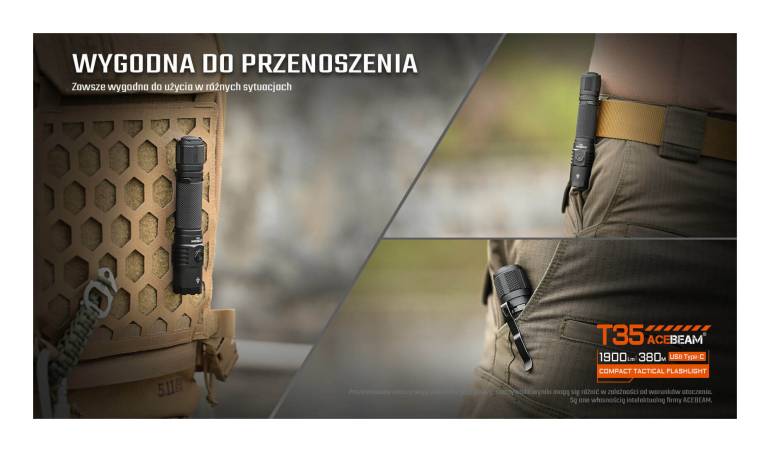 Latarka taktyczna diodowa ACEBEAM T35 Światło Białe 5000K Czarna - 1600lm 352m