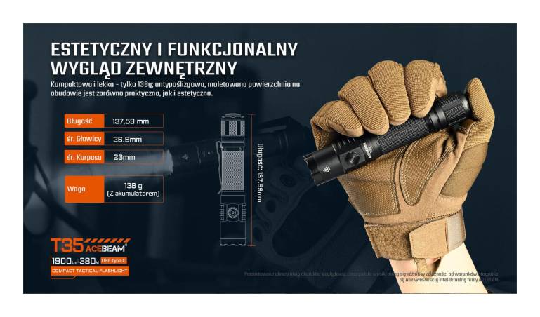 Latarka taktyczna diodowa ACEBEAM T35 Światło Białe 5000K Czarna - 1600lm 352m