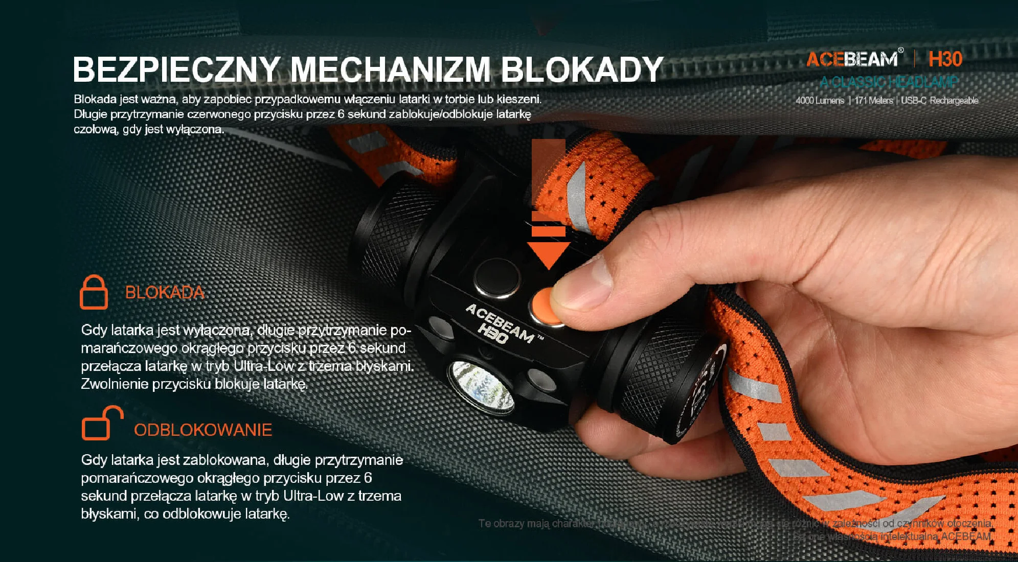 Latarka czołowa ACEBEAM H30 Światło Białe 6500K Czerwone Zielone - 4000lm