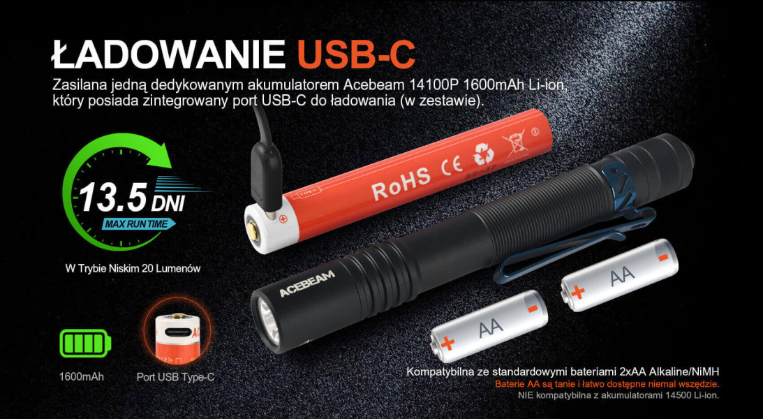 Acebeam Pokelit 2AA 600 lm 5000K Czarna