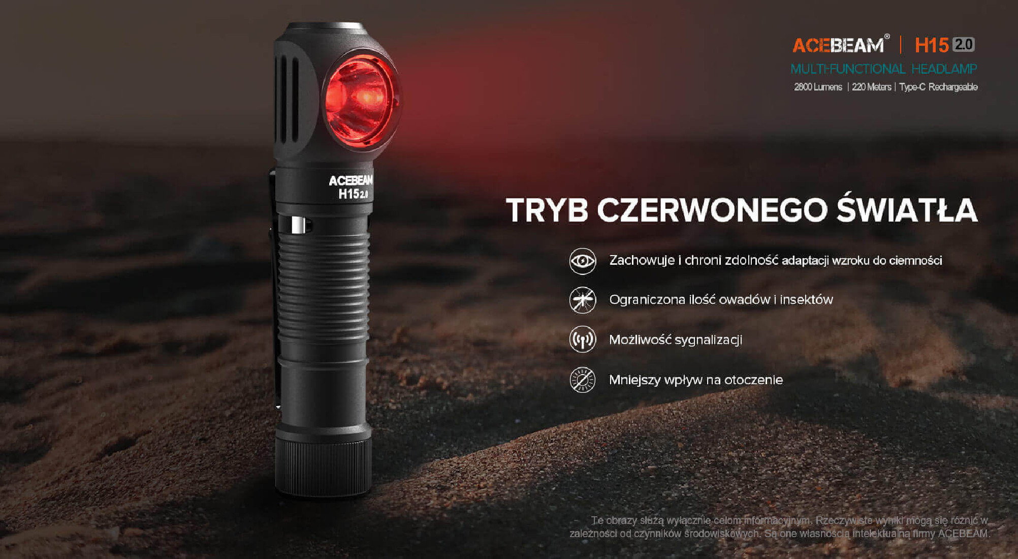 Latarka czołowa ACEBEAM H15 2.0 Światło Białe i Czerwone - 2800lm