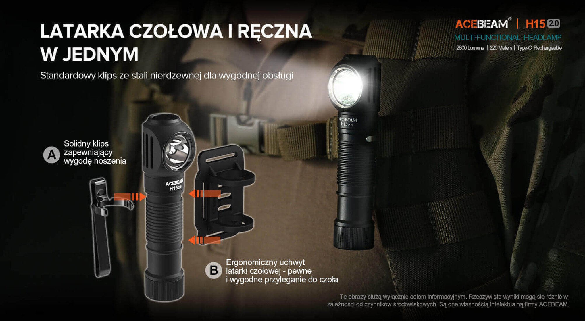 Latarka czołowa ACEBEAM H15 2.0 Światło Białe i Czerwone - 2800lm