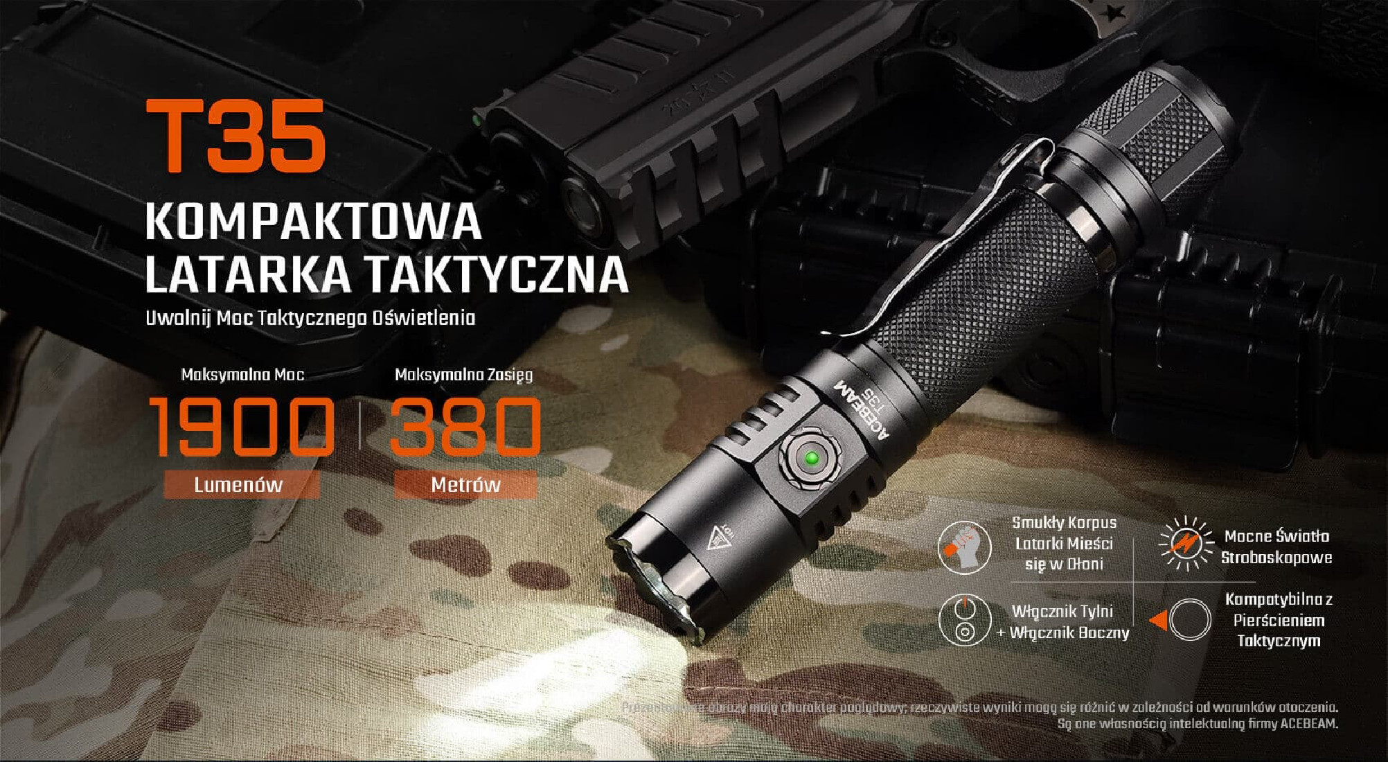 Latarka taktyczna diodowa ACEBEAM T35 Światło Białe 6500K Czarna - 1900lm