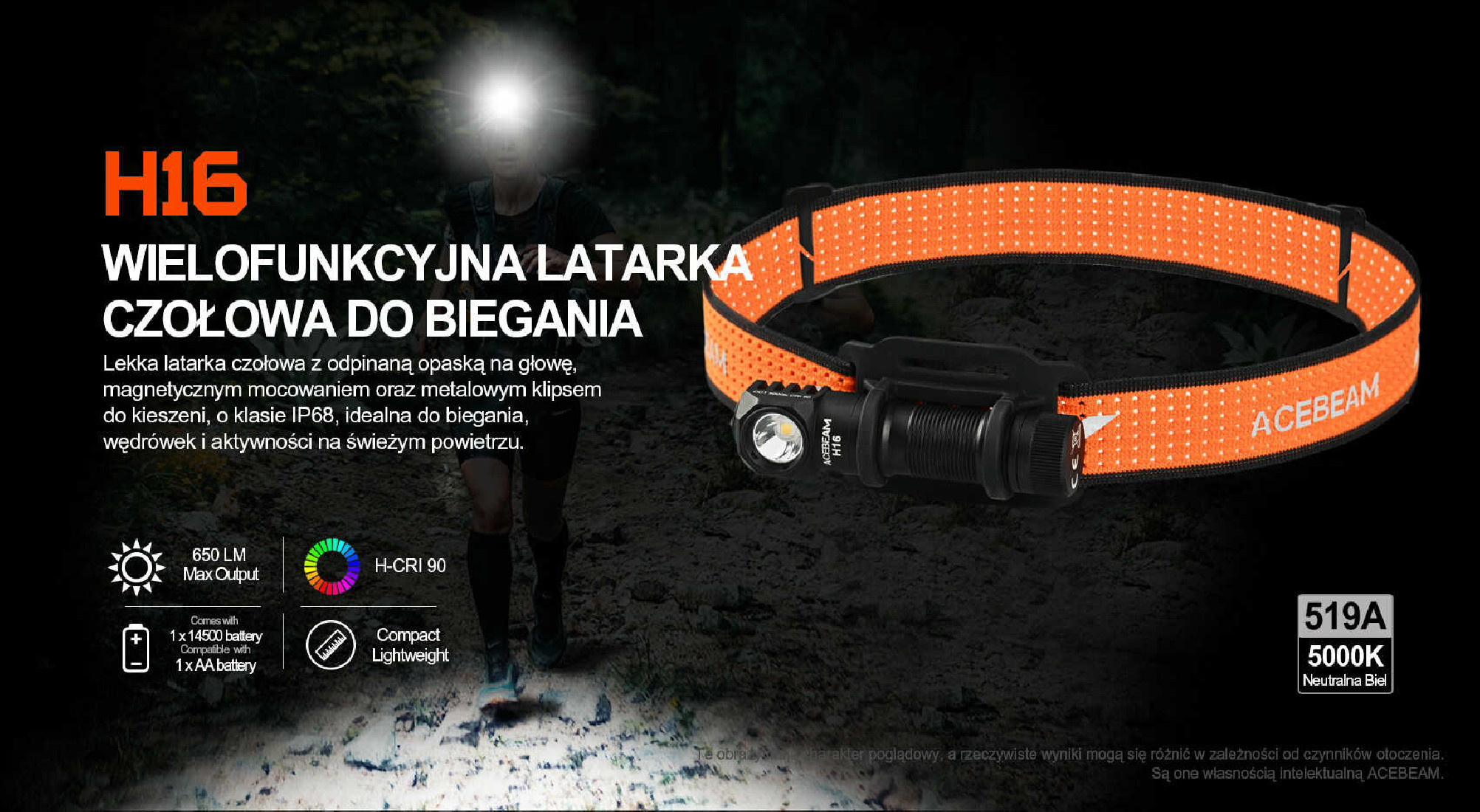 Latarka diodowa czołowa ACEBEAM H16 Światło Białe 5000K CRI90 Czarna - 650lm