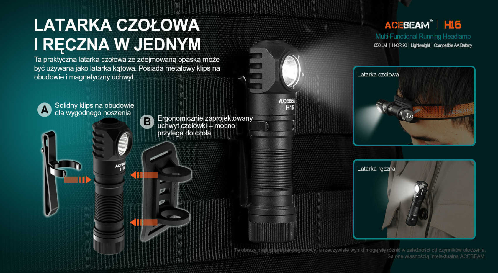 Latarka diodowa czołowa ACEBEAM H16 Światło Białe 5000K CRI90 Czarna - 650lm