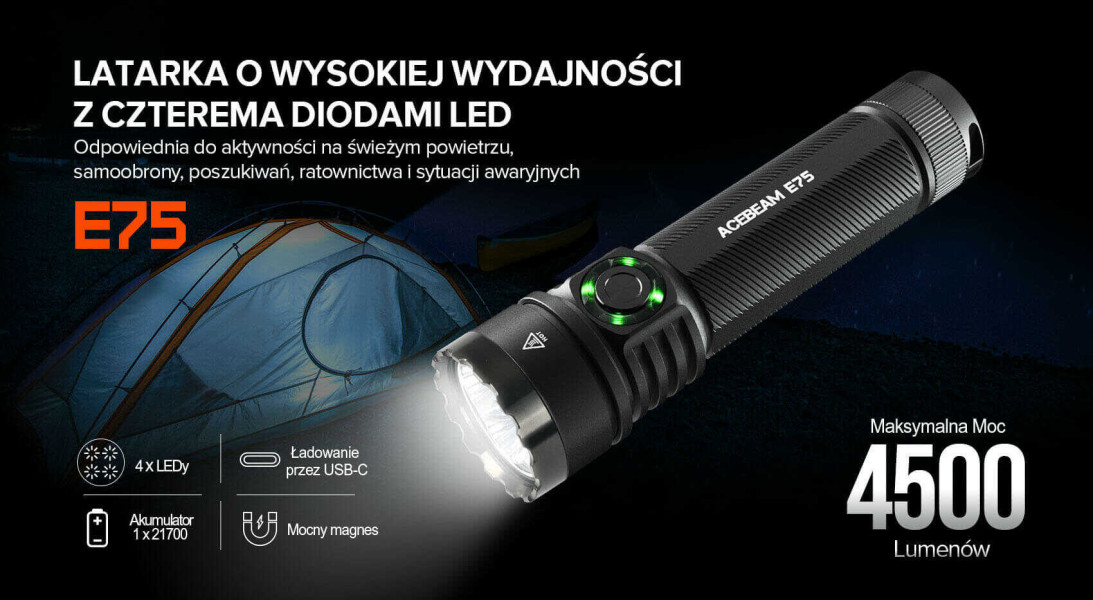Latarka Acebeam E75 6500K czarna 4500 lm 260 m