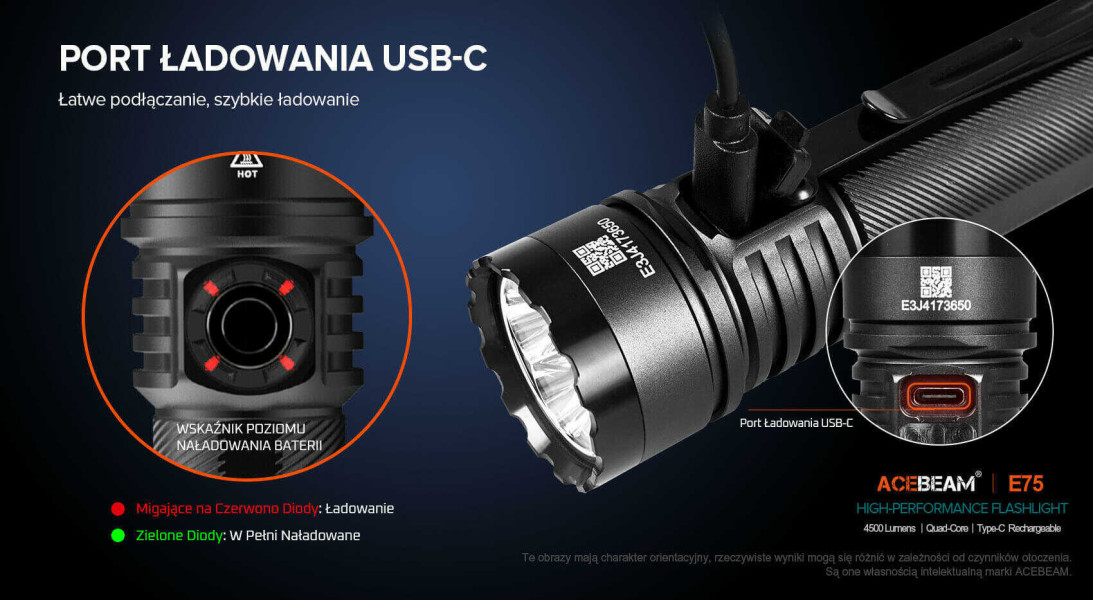 Acebeam E75 6500K szara 4500 lm zasięg 260 m