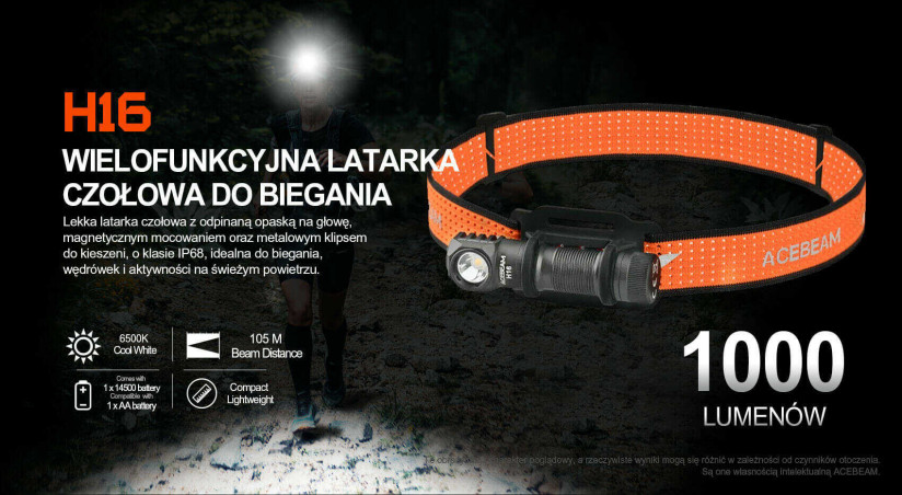 Acebeam H16 latarka czołowa 1000 lm 105 m 6500K szara