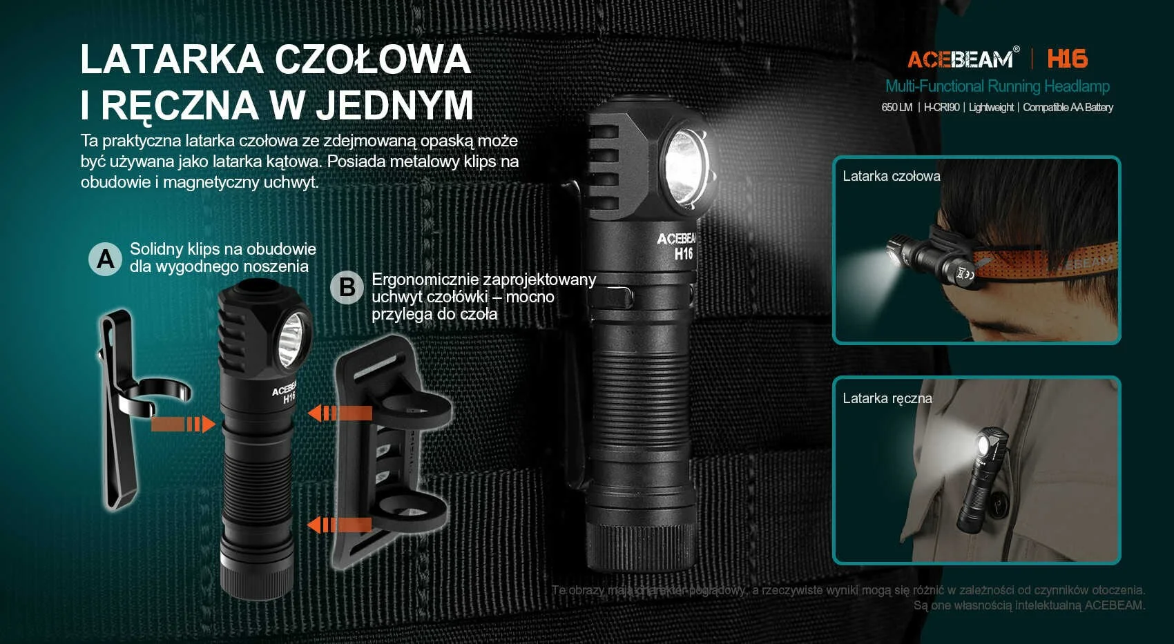 Latarka diodowa czołowa ACEBEAM H16 Światło Białe 5000K CRI90 Pomarańczowa - 650lm